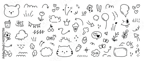 Set of cute pen line doodle element vector. Hand drawn doodle style collection of heart, arrows, scribble, flower, bear, star, butterfly, words. Design for print, cartoon, card, decoration, sticker.