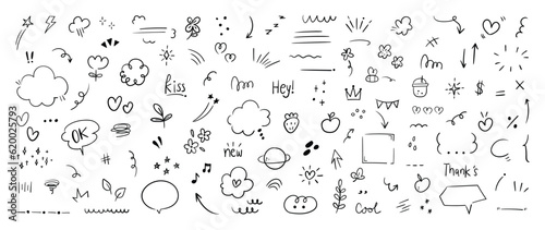 Set of cute pen line doodle element vector. Hand drawn doodle style collection of heart, arrows, scribble, flower, star, butterfly, bee, words. Design for print, cartoon, card, decoration, sticker.
