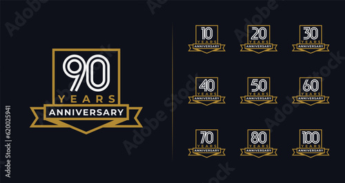 Set of anniversary logo with elegant style. 10, 20, 30, 40, 50, 60, 70, 80, 90, 100, birthday symbol collections photo