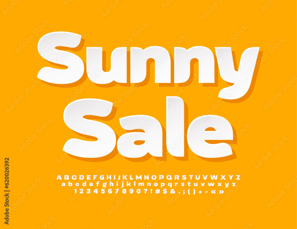 Vector promo logo Sunny Sale. Paper Alphabet Letters, Numbers and Symbols set. Creative white Font