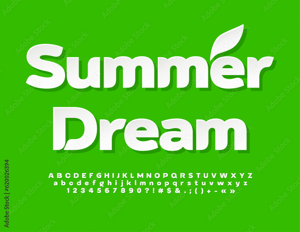 Vector inspirational poster Summer Dream with decorative Leaf. White unique Font. Paper set of Alphabet Letters, Numbers and Symbols
