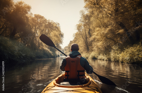 illustration of summer water sports kayaking in a quiet river Surrounded by lush greenery. AI Generative. © Gassenee