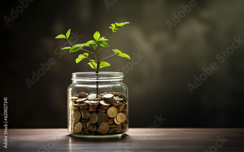 Investment Concept, Plant Growing In Savings Coins Money, Business Development, AI Generative.