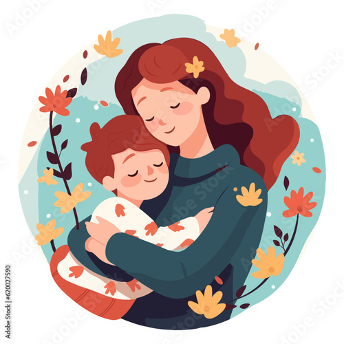 adult woman holding her baby son with love to illustrate mother's day or motherhood minimalist vector illustration