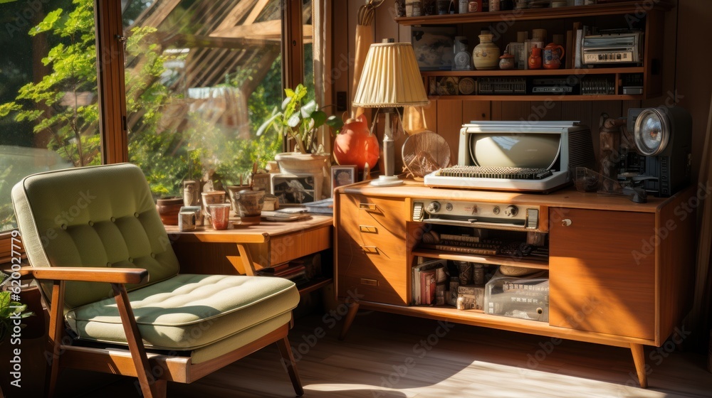 Retro living room design with old television, cabinet and radio along with work area with typewriter Retro living room design with old television, cabinet and radio along with work area with typewriter