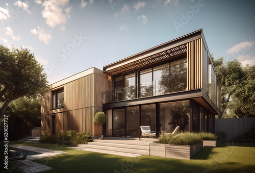 A mockup of a luxury house with solar panels and a shaded facade. AI Generative. © Gassenee