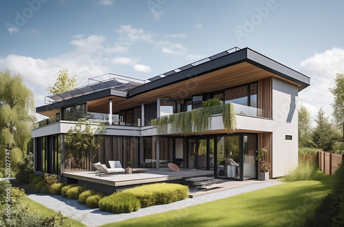 A mockup of a luxury house with solar panels and a shaded facade. AI Generative. © Gassenee