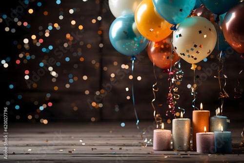 birthday party balloons,  colourful balloons background and birthday cake with candles 