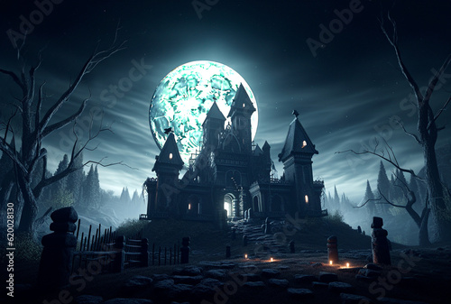 Halloween black castle in full moon night scene. AI Generative. © Gassenee