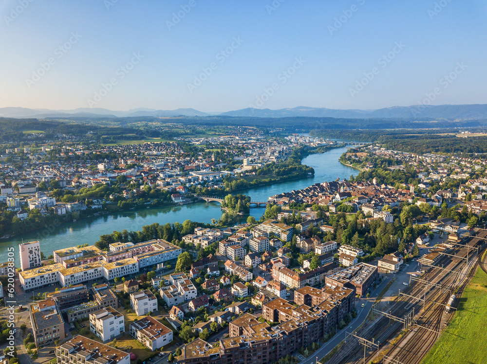 Aerial image of Rheinfelden towns in Switzerland and Germany connected with a bridge over the river Rhine