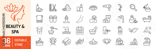 Beauty & Spa editable stroke outline icons set. Beauty, yoga, aromatherapy, spa, skin care, massage and cosmetics. Vector illustration