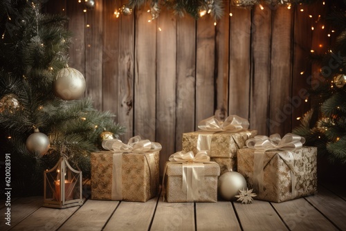 christmas gift box presented in the middle of christmas decorations on wooden planks