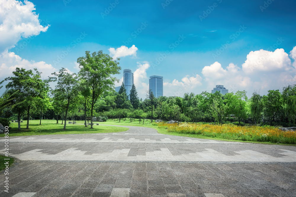 Empty foreground square and city buildings background Empty foreground square and city buildings background
