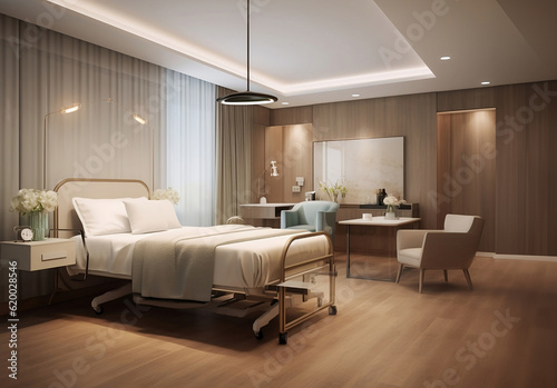 Hospital bed illustration  luxury room design. AI Generative.