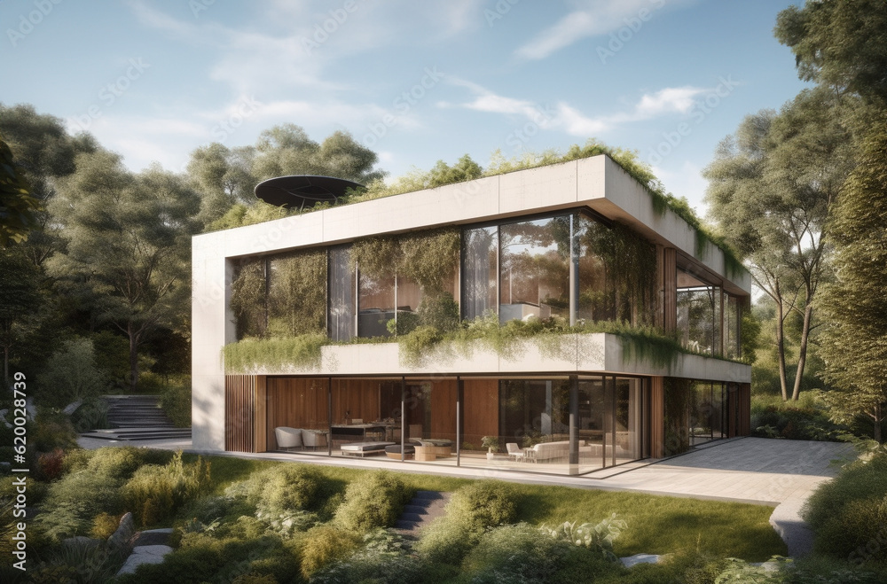 A mockup of a luxury house with solar panels and a shaded facade. AI Generative. A mockup of a luxury house with solar panels and a shaded facade. AI Generative.