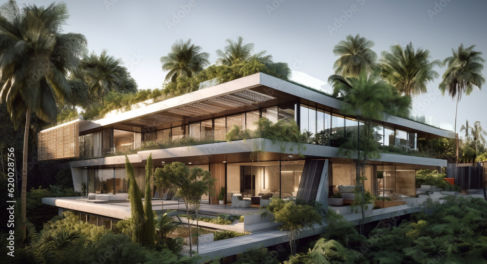 A mockup of a luxury house with solar panels and a shaded facade. AI Generative.