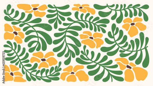 Abstract botanical art background vector. Natural hand drawn pattern design with yellow flowers branches. Simple contemporary style illustrated Design for fabric, print, cover, banner, wallpaper.