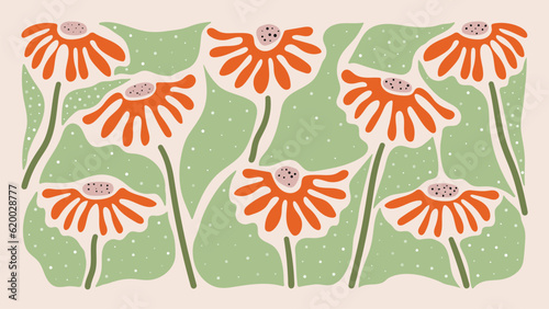Abstract botanical art background vector. Natural hand drawn pattern design with flowers, leaves, branches. Simple contemporary style illustrated Design for fabric, print, cover, banner, wallpaper.