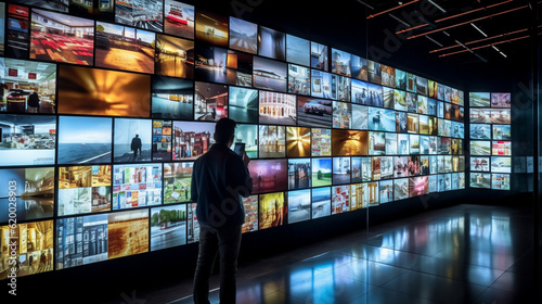 TV screen wall illustration with audience Digital art gallery. AI Generative.