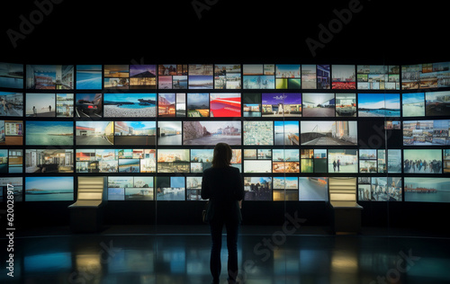 TV screen wall illustration with audience Digital art gallery. AI Generative.