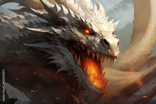 Fantasy illustration fiery evil dragon, close-up mythological ancient monster and flame