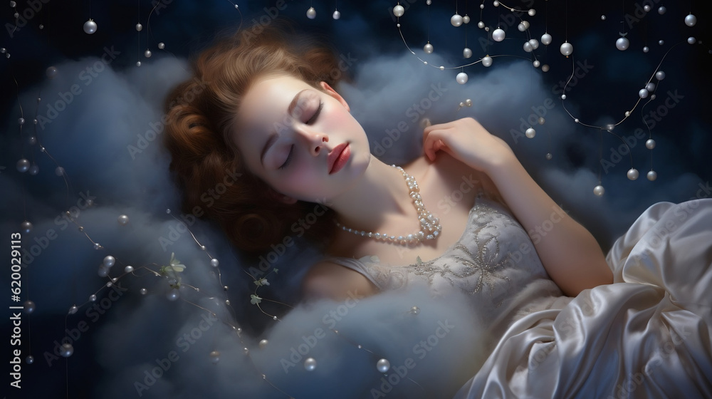 A cute and adorable girl is sleeping under night sky between stars pillow. Generative AI
A cute and adorable girl is sleeping under night sky between stars pillow. Generative AI