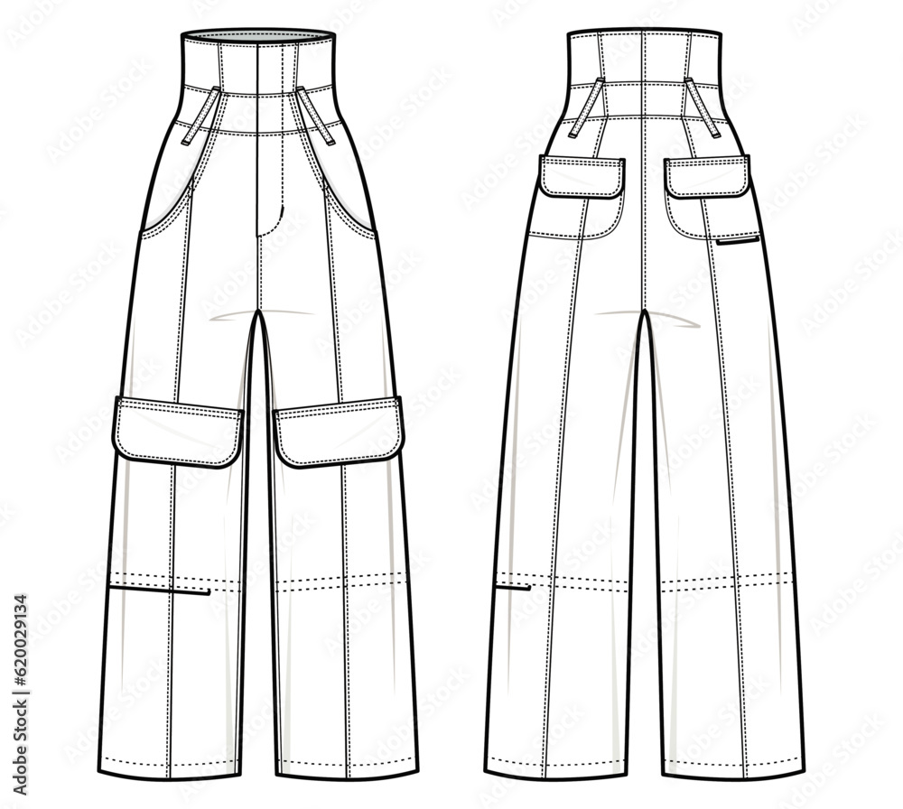 Highrise cargo pants flat technical drawing template. concealed front