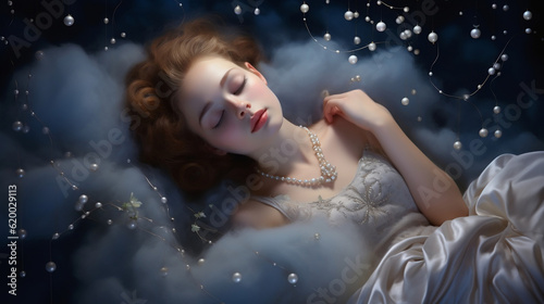 A cute and adorable girl is sleeping under night sky between stars pillow. Generative AI 
