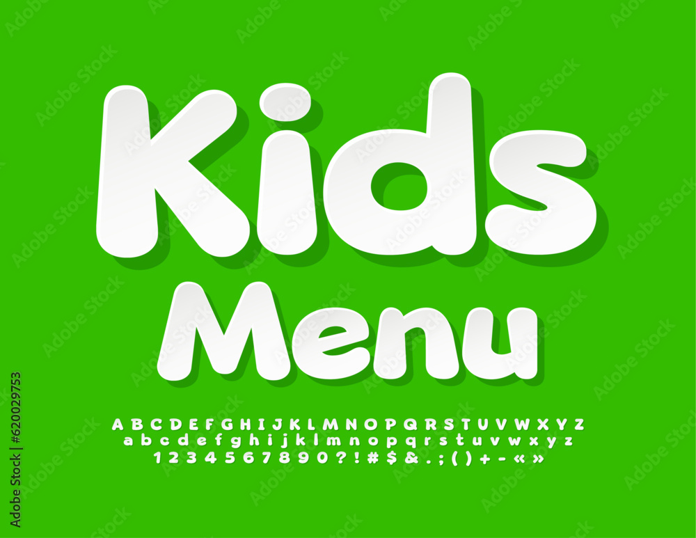 Vector creative Icon Kids Menu. Cute Sticker Font. White paper Alphabet Letters, Numbers and Symbols set Vector creative Icon Kids Menu. Cute Sticker Font. White paper Alphabet Letters, Numbers and Symbols set