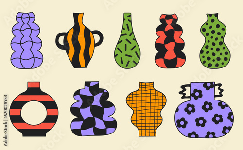 Abstract cartoon vases set with different groovy prints.  Vector illustration