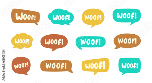 Woof text in a speech bubble balloon set, digital sticker design. Cute cartoon comics dog bark sound effect and lettering. Textured vector illustration.