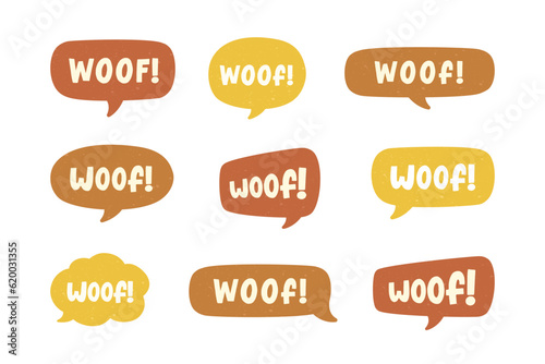 Woof text in a speech bubble balloon set, digital sticker design. Cute cartoon comics dog bark sound effect and lettering. Textured vector illustration. photo