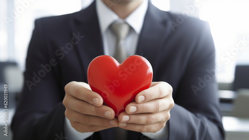 A man in a black suit holding a card in the shape of a red heart.