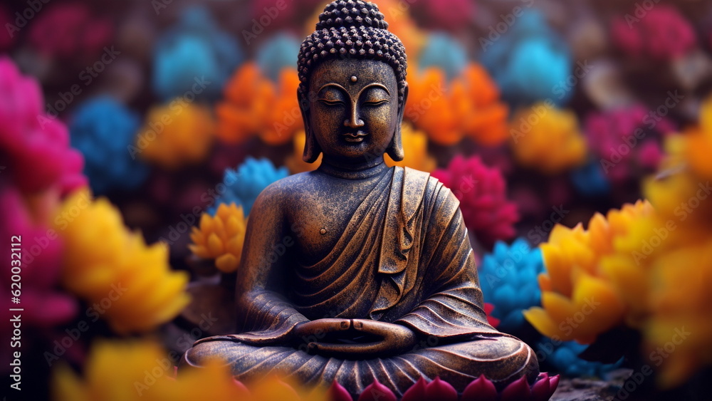 Meditating buddha statue on beautiful colorful floral striped background. - obrazy, fototapety, plakaty 