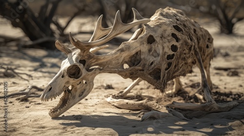Skelton of animal died on dried land due to prolonged drought season. Climate change impacts. Global warming and environmental crisis. Generative AI photo