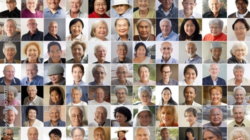 Photos of the elderly, senior old people. Aging society, world population, and aging problem. Generative AI