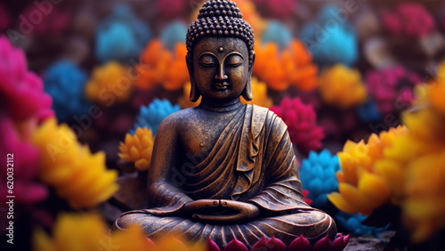 Meditating buddha statue on beautiful colorful floral striped background.