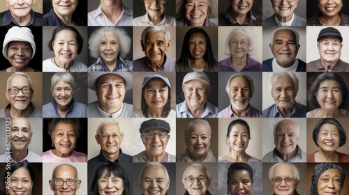 Photos of the elderly, senior old people. Aging society, world population, and aging problem. Generative AI photo