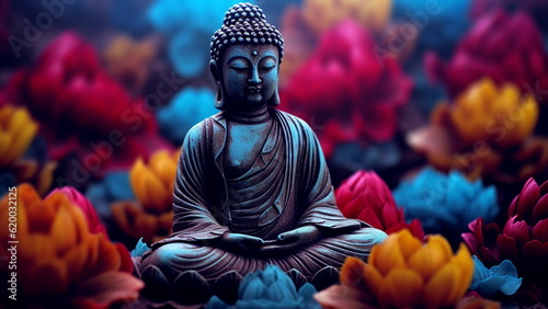 Meditating buddha statue on beautiful colorful floral striped background.