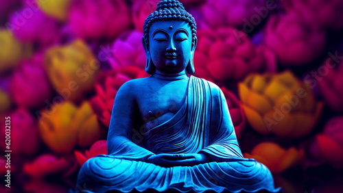 Meditating buddha statue on beautiful colorful floral striped background.