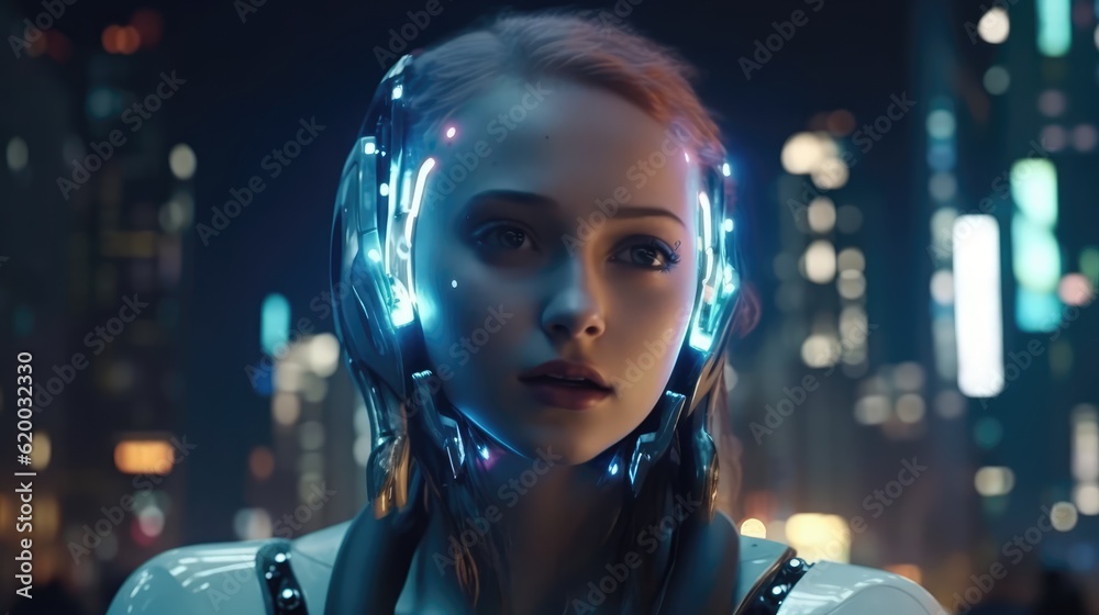 Portrait of a female cyborg with human-face like. Artificial intelligence and human coexistence. Humanoid robot. Coming future world. Generative AI Portrait of a female cyborg with human-face like. Artificial intelligence and human coexistence. Humanoid robot. Coming future world. Generative AI