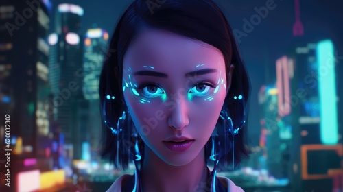 Portrait of a female cyborg with human-face like. Artificial intelligence and human coexistence. Humanoid robot. Coming future world. Generative AI