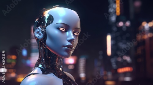 Portrait of a female cyborg with human-face like. Artificial intelligence and human coexistence. Humanoid robot. Coming future world. Generative AI