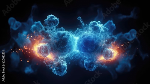 Nuclear fusion. Two atomic nuclei collide to form a single, heavier nucleus and result in a release of high carbon-free energy. Generative AI