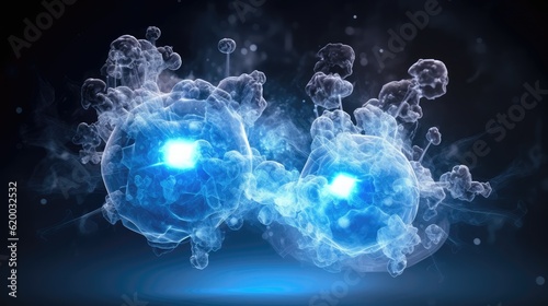 Nuclear fusion. Two atomic nuclei collide to form a single, heavier nucleus and result in a release of high carbon-free energy. Generative AI photo