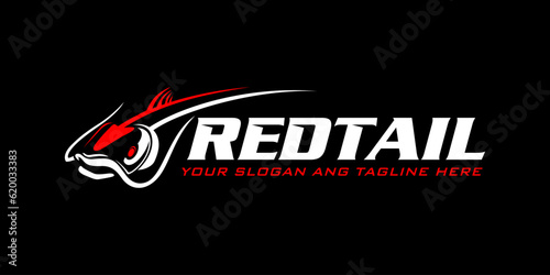 Red Tail cat fish fishing logo on black dark background. modern vintage rustic logo design