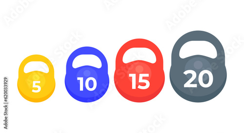 Colorful fitness dumbbells vector illustration. Different weights of dumbbells, dumbbell icons, sports equipment.