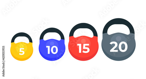 Colorful fitness dumbbells vector illustration. Different weights of dumbbells, dumbbell icons, sports equipment.