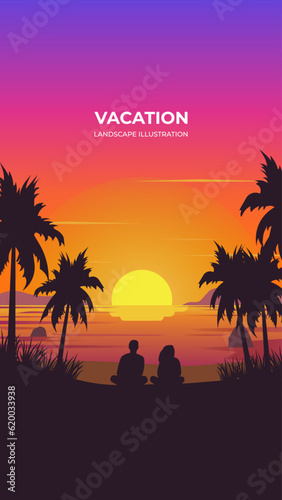 Sunset over the beach vector silhouette landscape. Beach vector illustration with ocean background. Beach vibe couple on sunset background, tropics, palm trees.