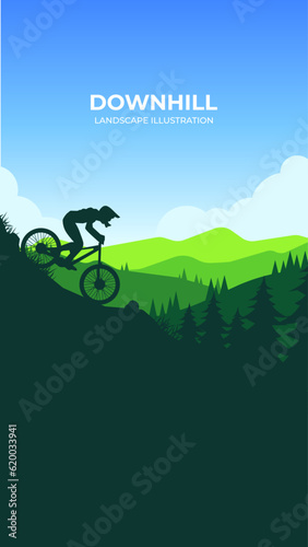Descent down the mountain vector silhouette landscape. Downhill vector illustration. Descent from the mountain on a bicycle against a background of mountains. 